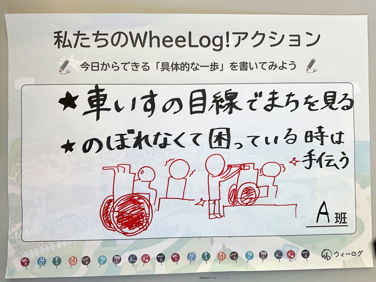 手書きのワークシート。「★車いすの目線でまちを見る」「★のぼれなくて困っている時は手伝う」という言葉と共に、段差で介助されている車いすユーザーのイラストが描かれている（A班）。